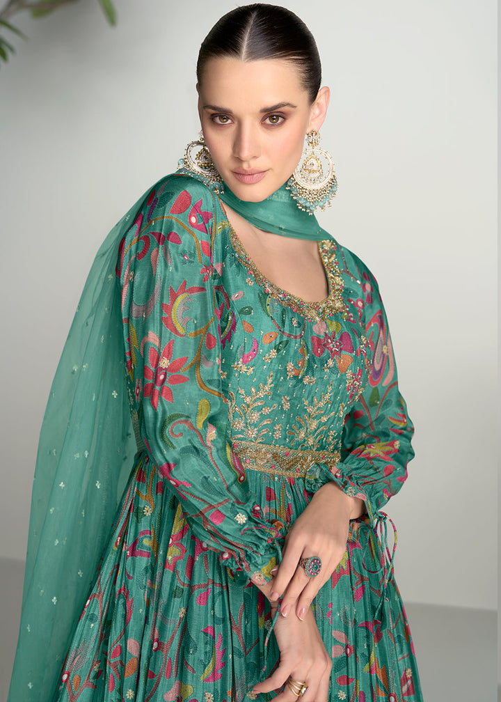 Sea Green Digital Floral Printed Chinon Anarkali Suit with Embroidery work