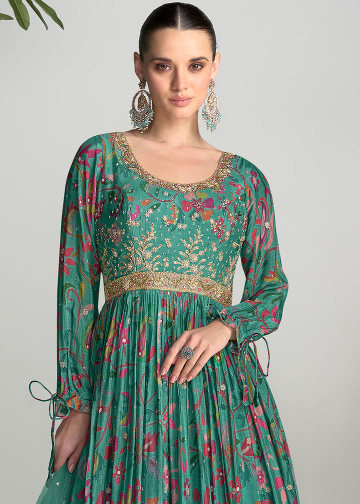 Sea Green Digital Floral Printed Chinon Anarkali Suit with Embroidery work