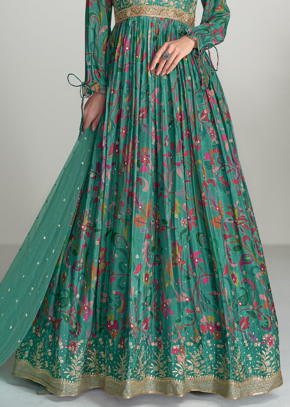 Sea Green Digital Floral Printed Chinon Anarkali Suit with Embroidery work