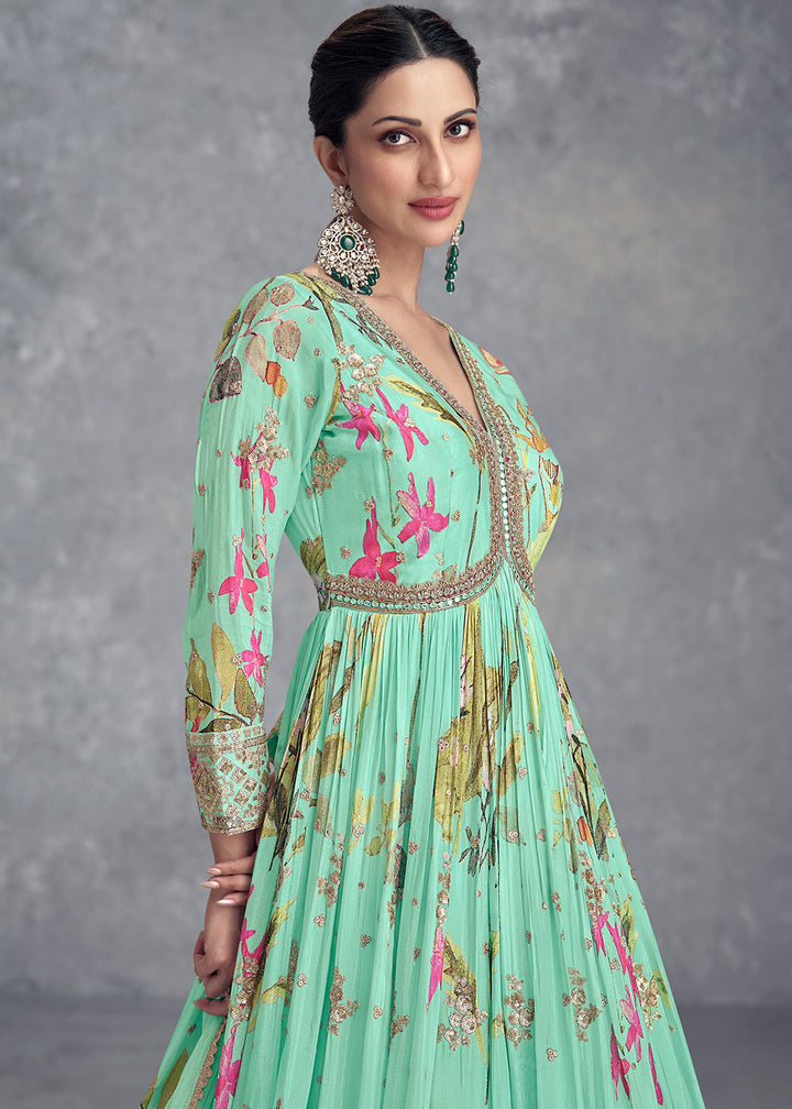 Blueish Green Digital Floral Printed Chinon Anarkali Suit with Embroidery work