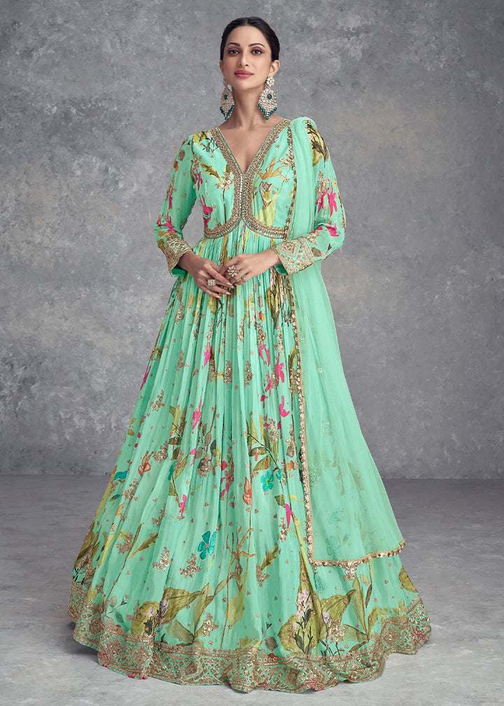 Blueish Green Digital Floral Printed Chinon Anarkali Suit with Embroidery work