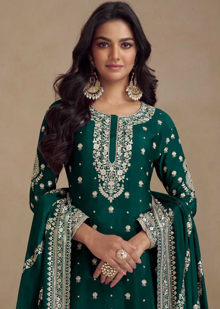 Sacramento Green Embroidered Chinon Silk Plazzo Suit