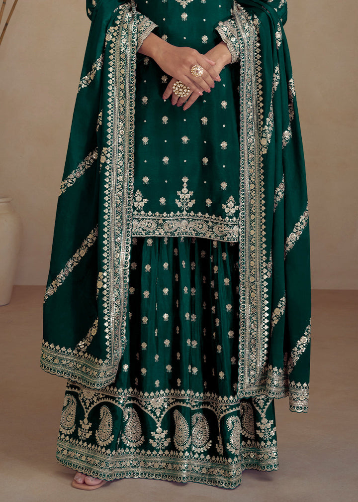 Sacramento Green Embroidered Chinon Silk Plazzo Suit