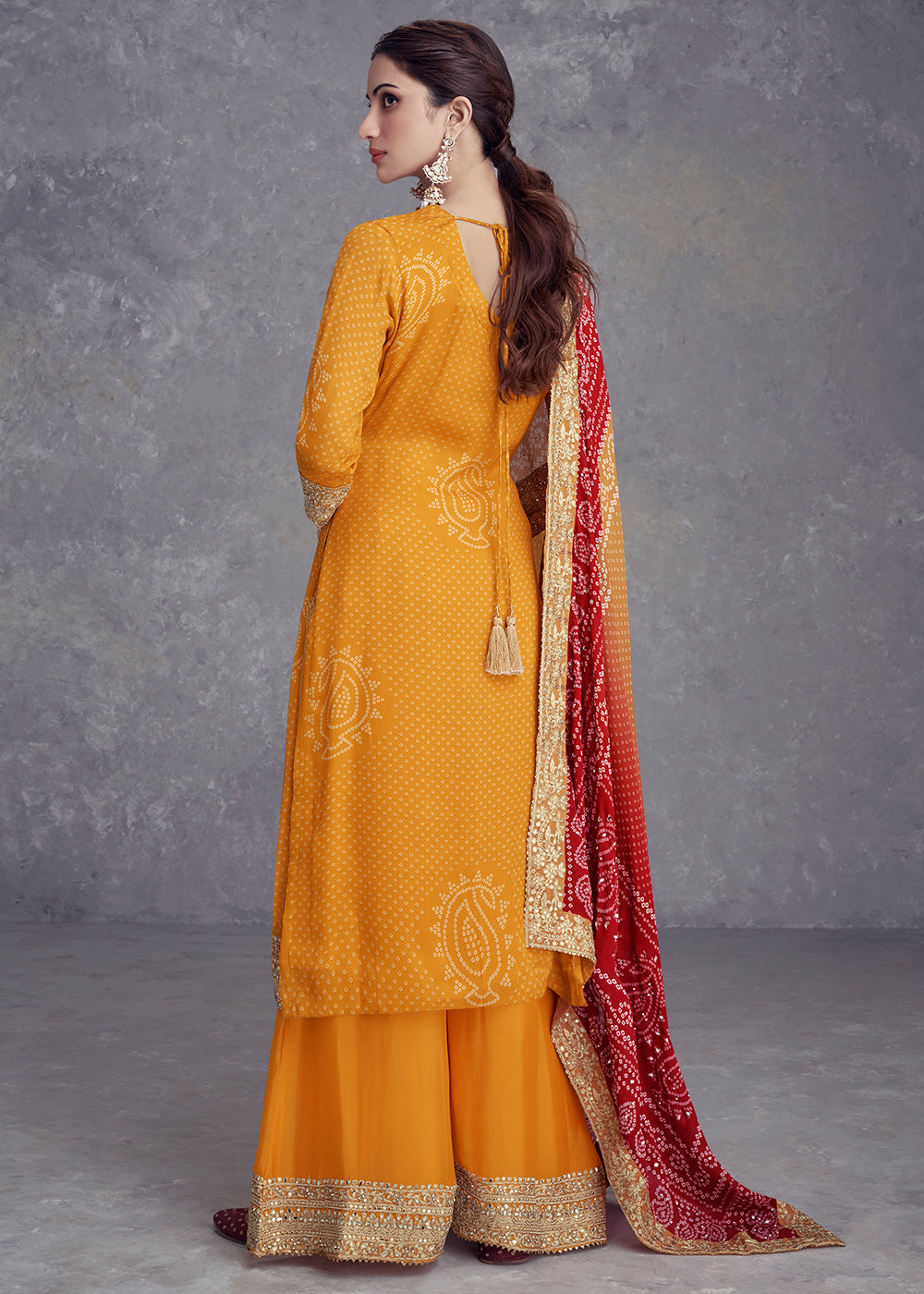 Tangerine Orange Bandhani Printed Chinon Silk Plazzo Suit Having Embroidery with Mirror Work