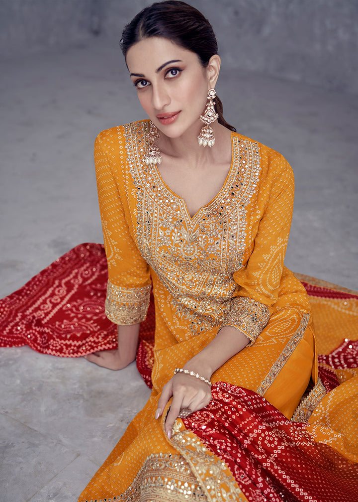 Tangerine Orange Bandhani Printed Chinon Silk Plazzo Suit Having Embroidery with Mirror Work