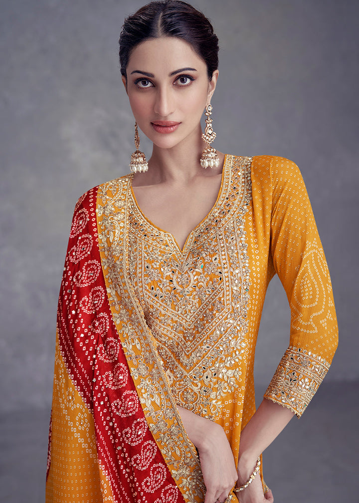 Tangerine Orange Bandhani Printed Chinon Silk Plazzo Suit Having Embroidery with Mirror Work