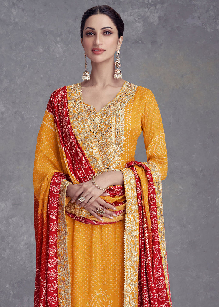 Tangerine Orange Bandhani Printed Chinon Silk Plazzo Suit Having Embroidery with Mirror Work