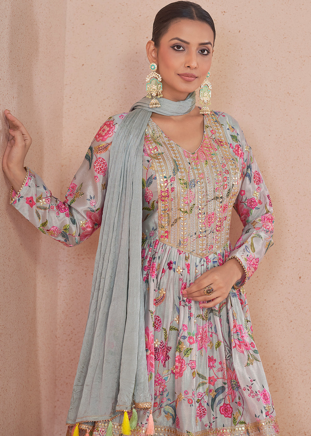 Light Grey Digital Floral Printed Chinon Suit with Embroidery work