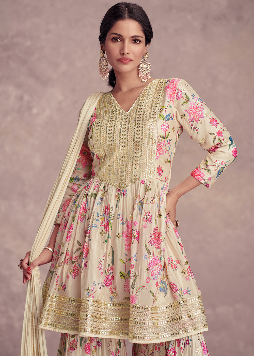 Tea Green Digital Floral Printed Chinon Suit with Embroidery work