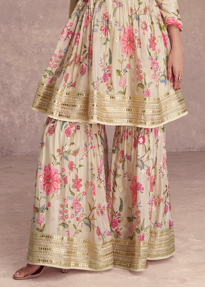 Tea Green Digital Floral Printed Chinon Suit with Embroidery work