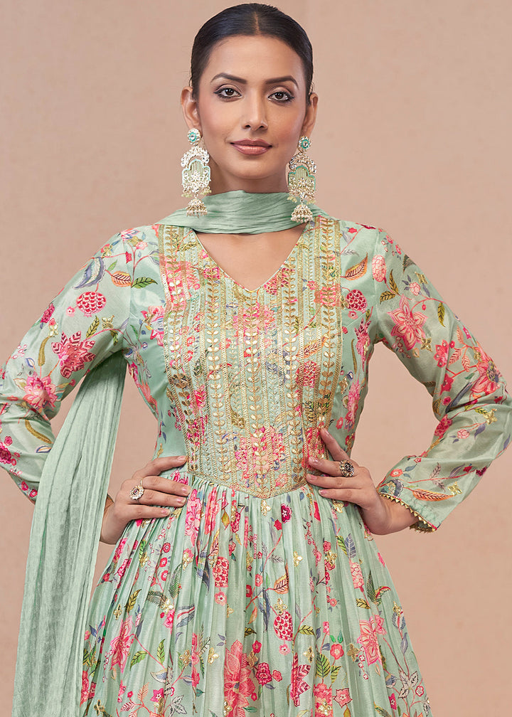 Light Blue Digital Floral Printed Chinon Suit with Embroidery work