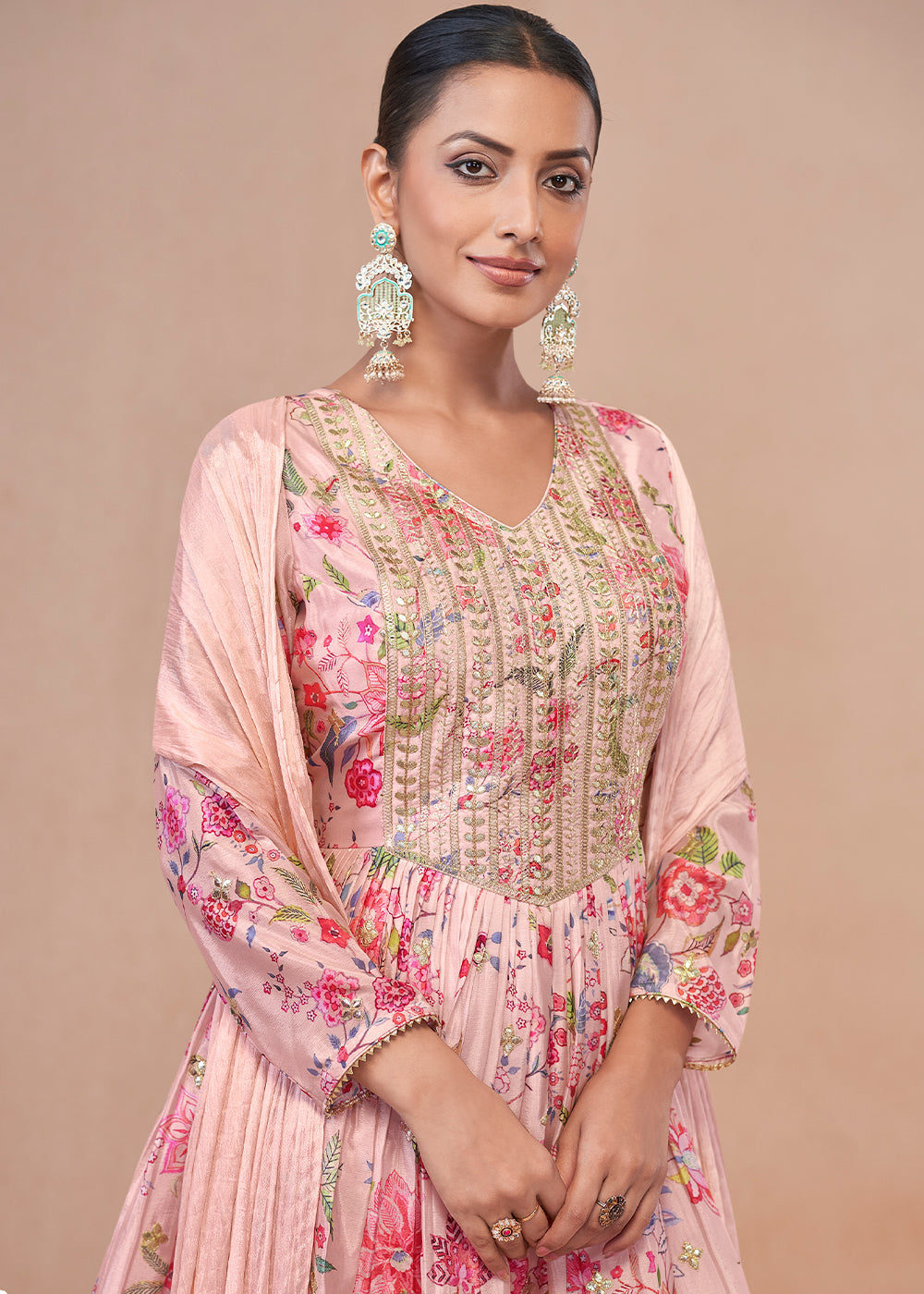 Baby Pink Digital Floral Printed Chinon Suit with Embroidery work