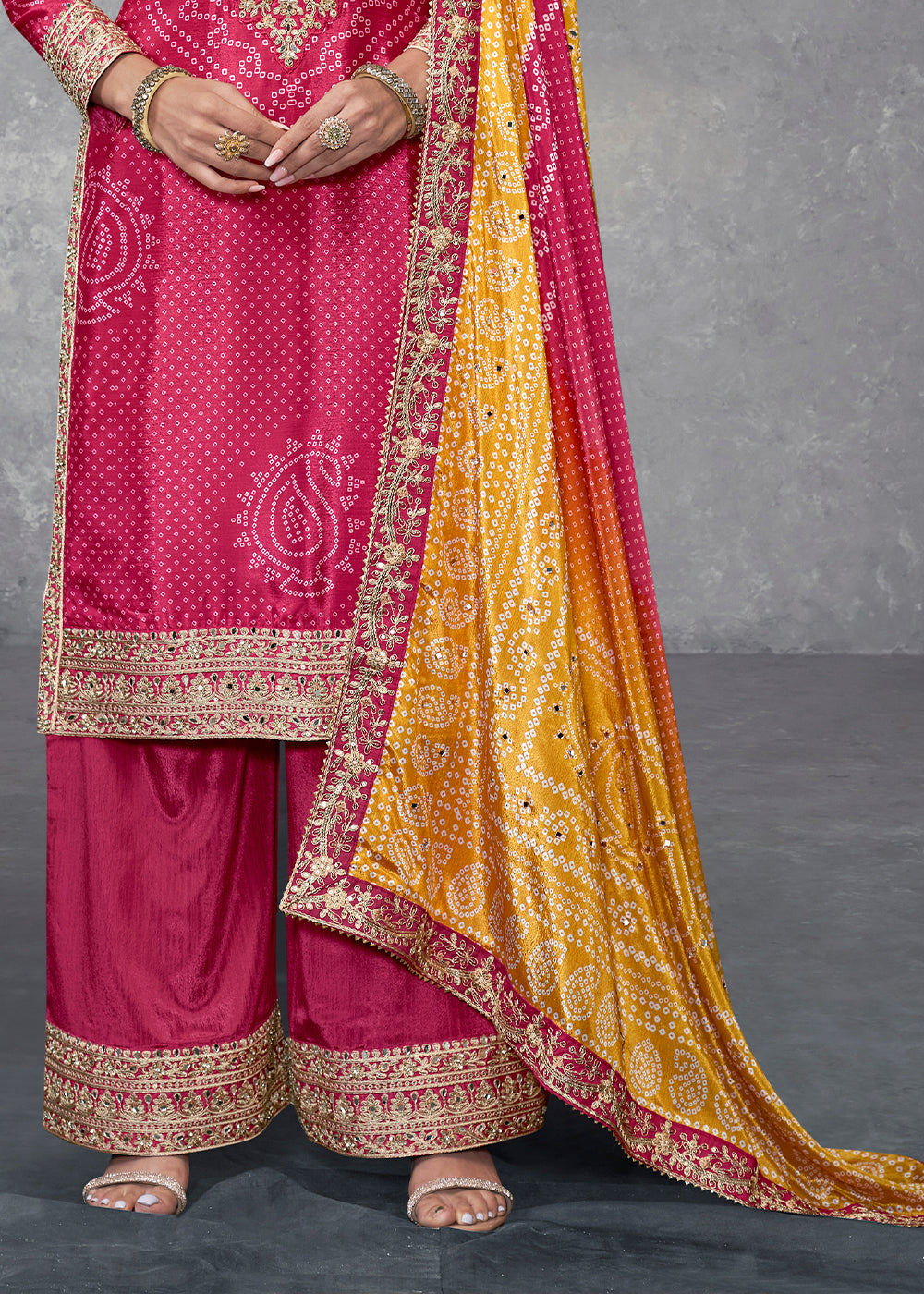 Frence Rose Pink Bandhani Printed Chinon Silk Plazzo Suit Having Embroidery with Mirror Work