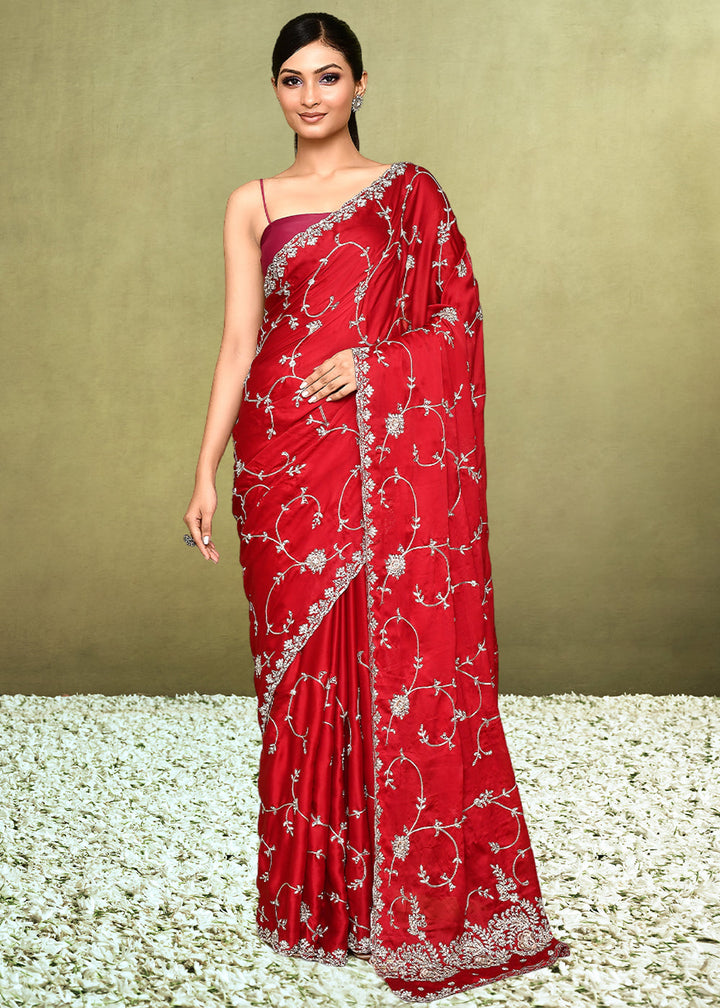 Carmine Red Satin Silk Saree having Zari work with Diamond