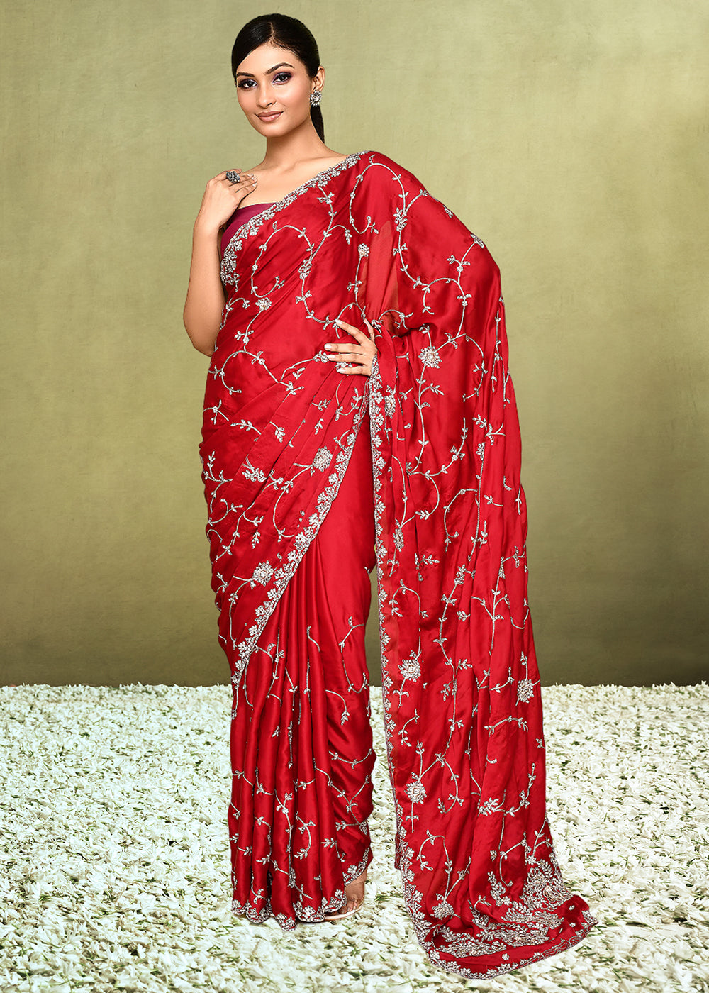 Carmine Red Satin Silk Saree having Zari work with Diamond