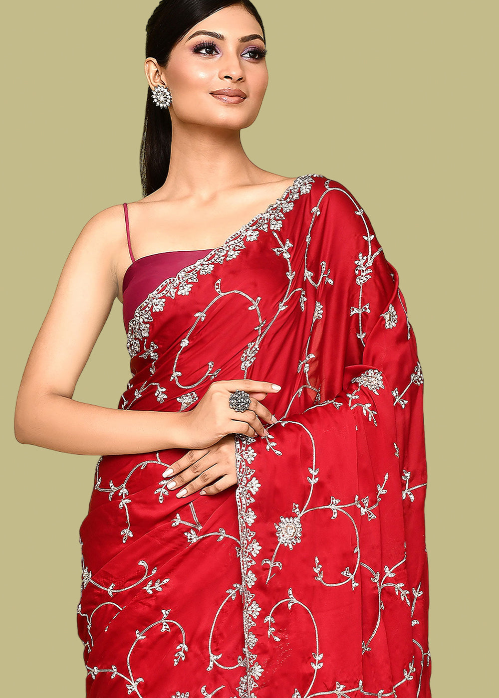 Carmine Red Satin Silk Saree having Zari work with Diamond