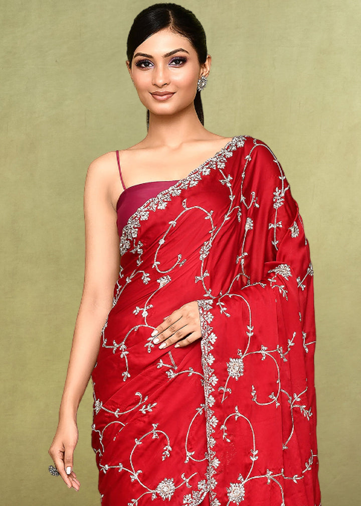 Carmine Red Satin Silk Saree having Zari work with Diamond