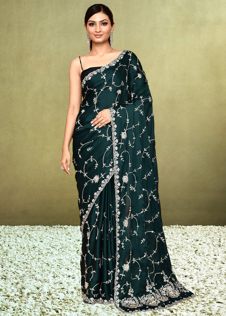 Sacramento Green Satin Silk Saree having Zari work with Diamond