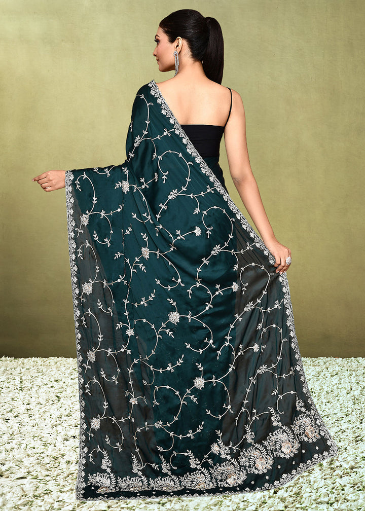 Sacramento Green Satin Silk Saree having Zari work with Diamond