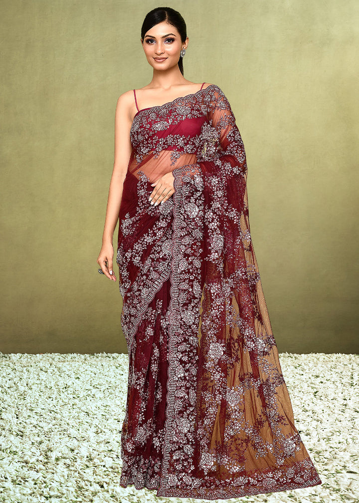 Maroon Red Net Saree having Sequence with Diamond work