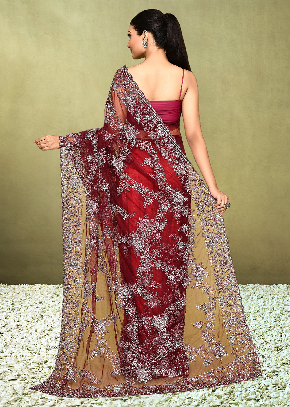 Maroon Red Net Saree having Sequence with Diamond work