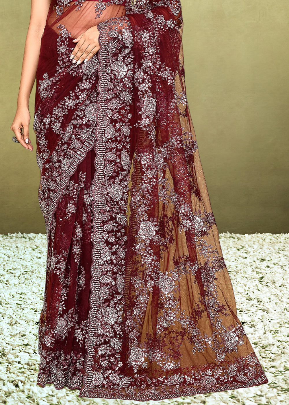 Maroon Red Net Saree having Sequence with Diamond work