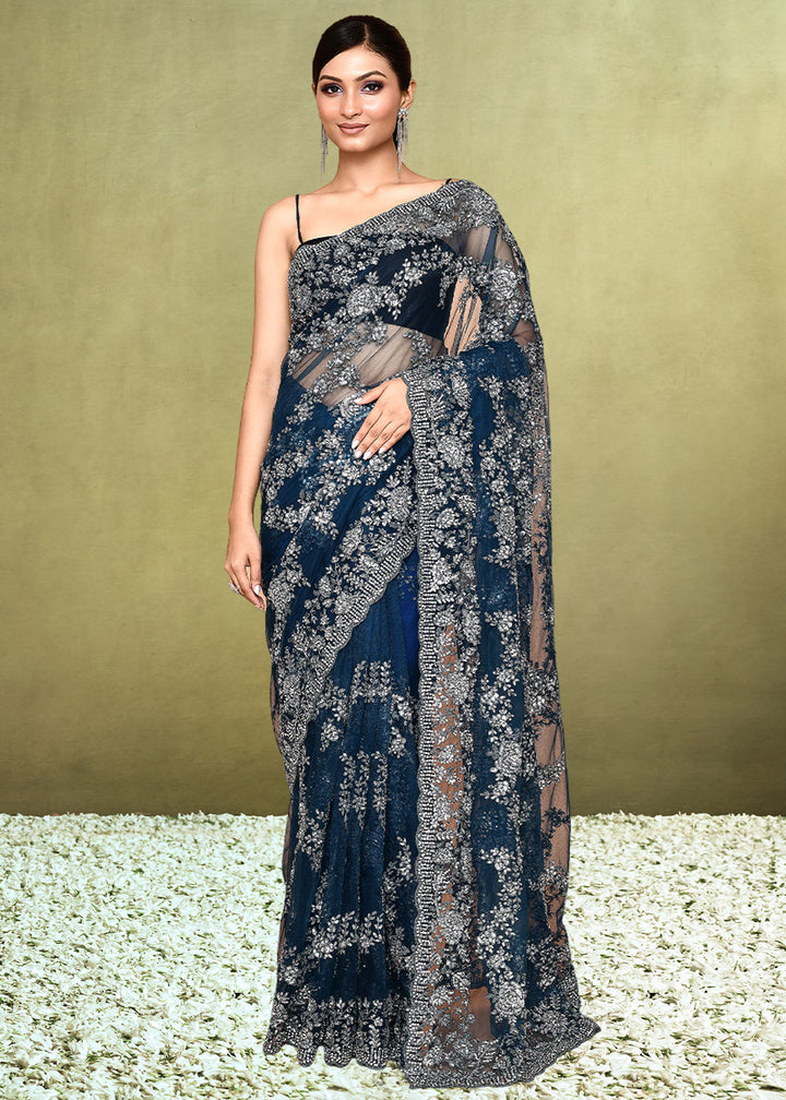 Navy Blue Net Saree having Sequence with Diamond work