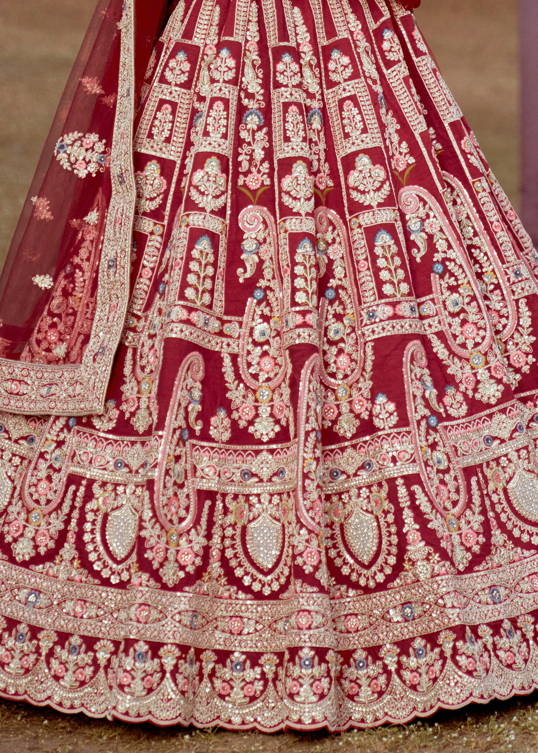 Maroon Pure Silk Moti, Sequins Embroidery Bridal Lehenga