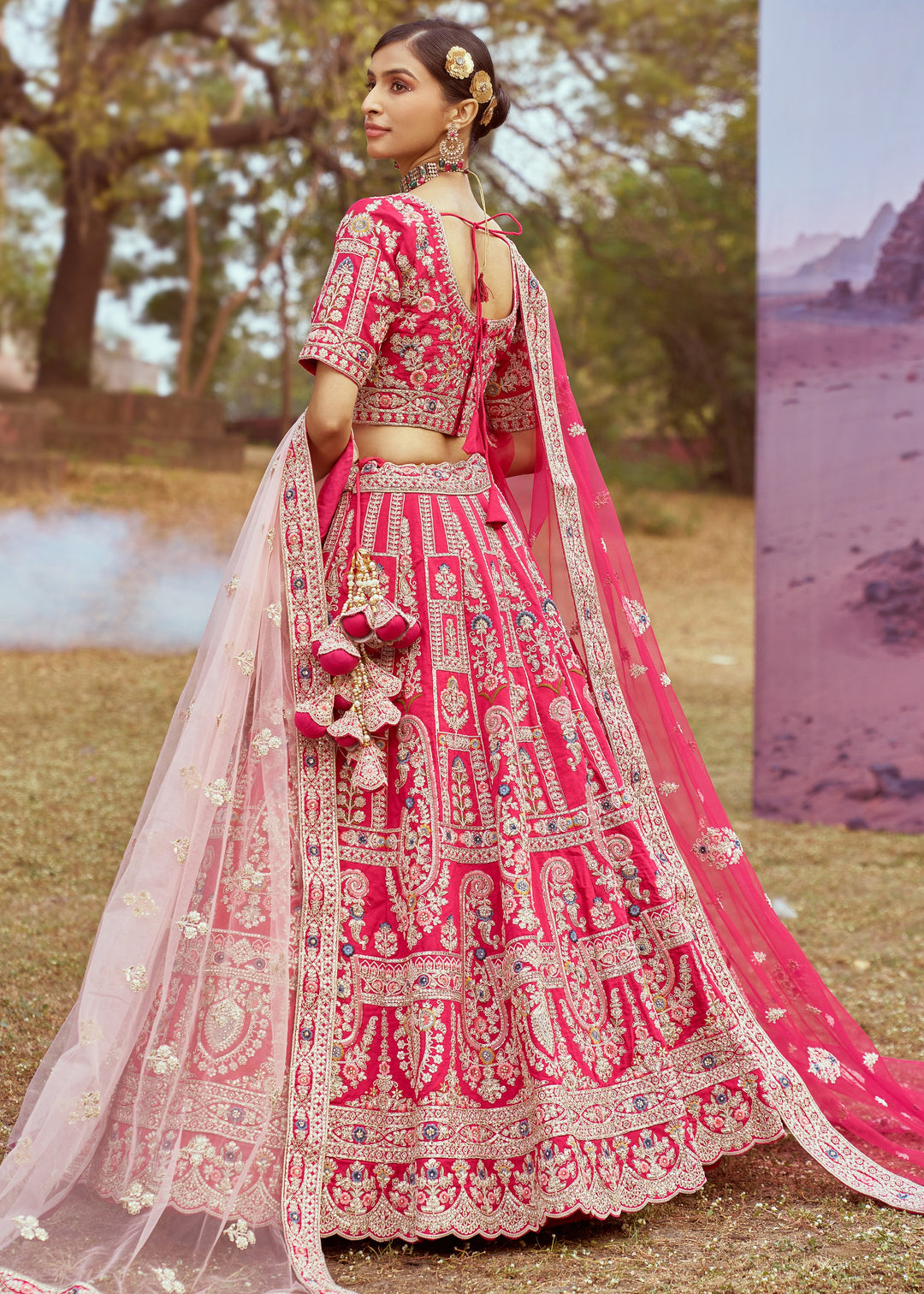 Pink Pure silk Moti, Sequins Embroidery Bridal Lehenga