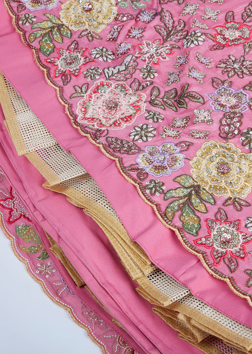 Neon Pink Chiffon Lehenga Choli with Sequins & Thread Embroidery work