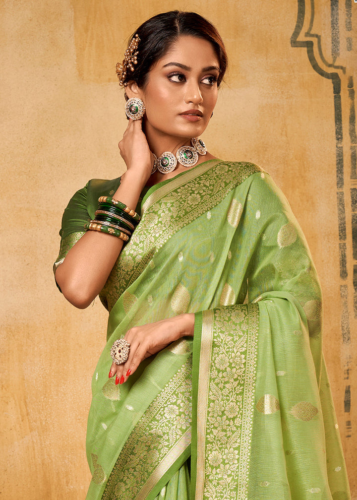 Gimblet Green Woven Banarasi Tissue Silk Saree