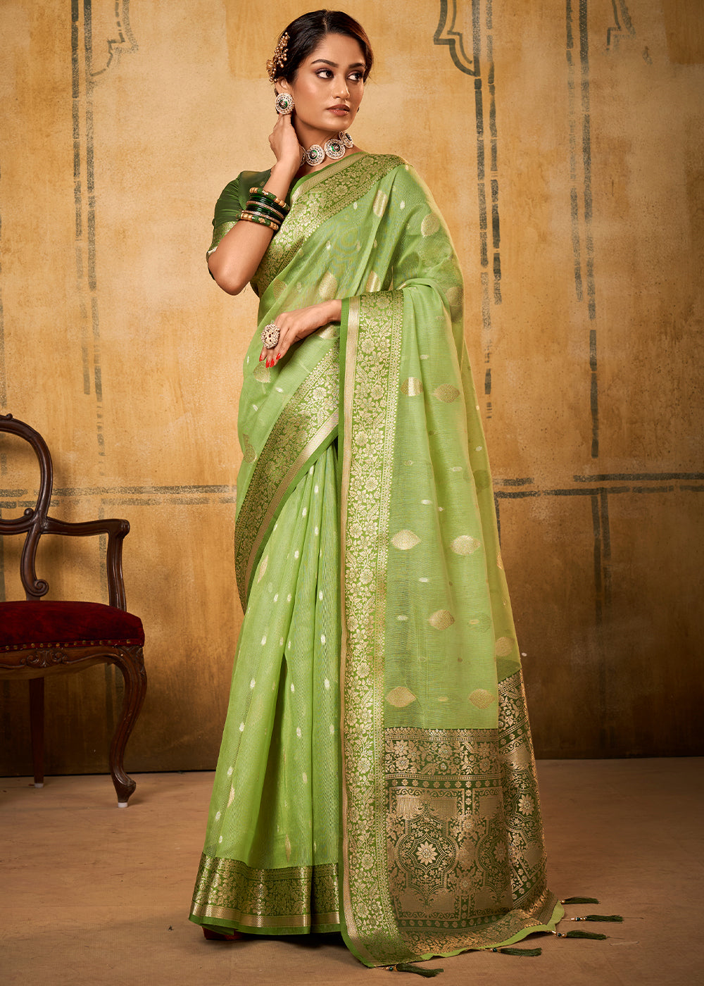 Gimblet Green Woven Banarasi Tissue Silk Saree