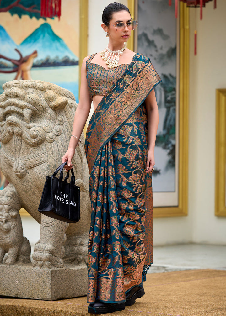 Dark Teal & Golden Floral Woven Organza Silk Saree