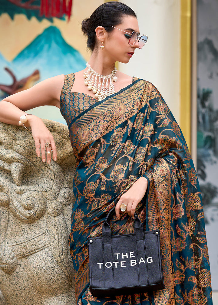 Dark Teal & Golden Floral Woven Organza Silk Saree