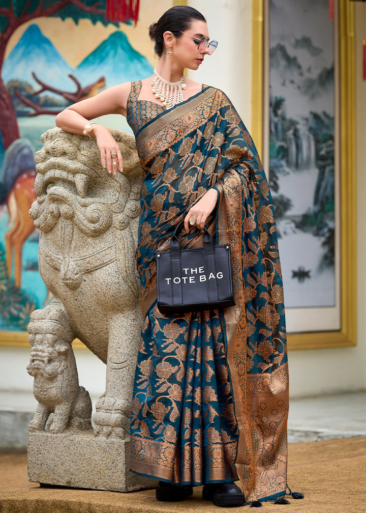 Dark Teal & Golden Floral Woven Organza Silk Saree