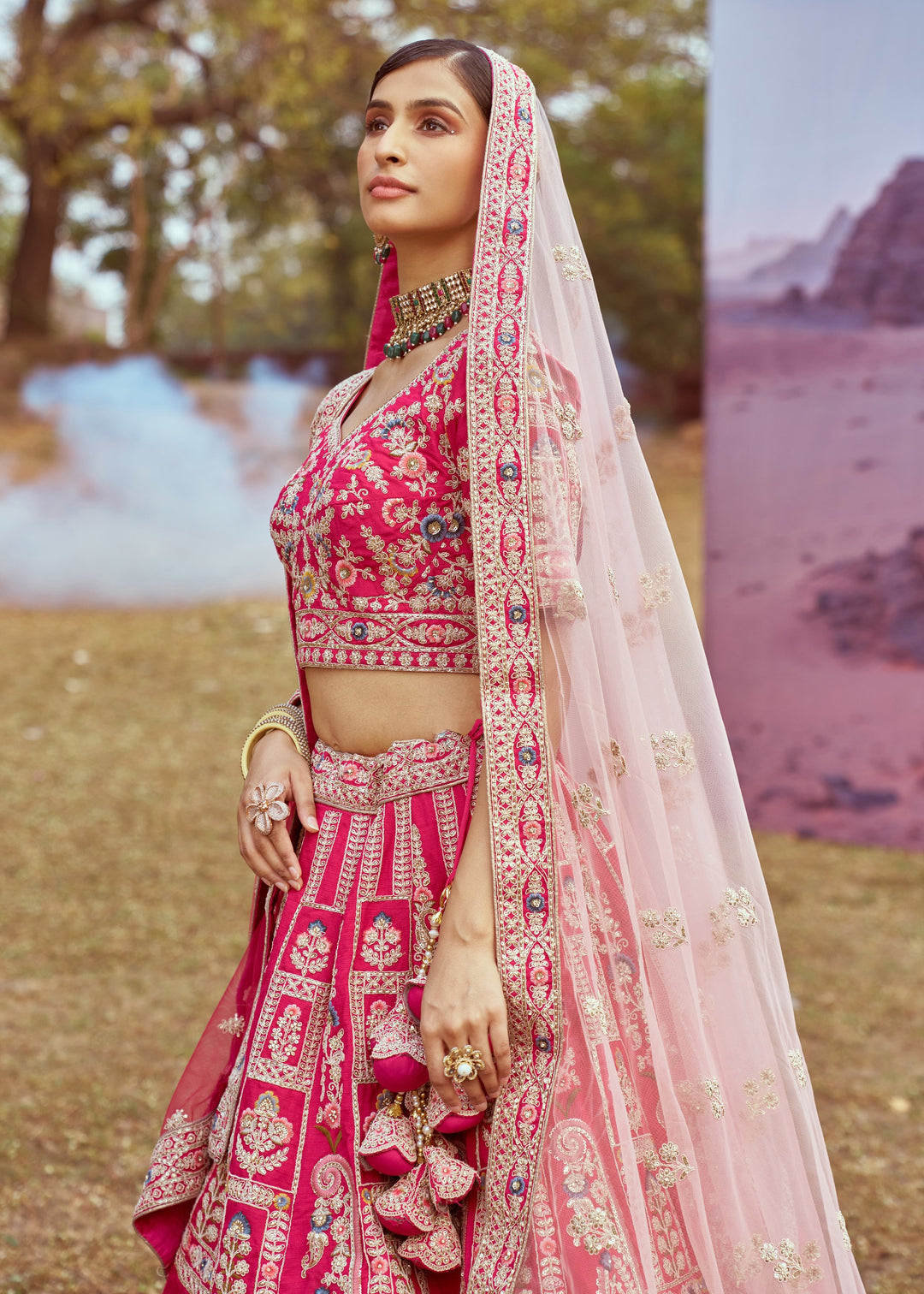 Pink Pure silk Moti, Sequins Embroidery Bridal Lehenga