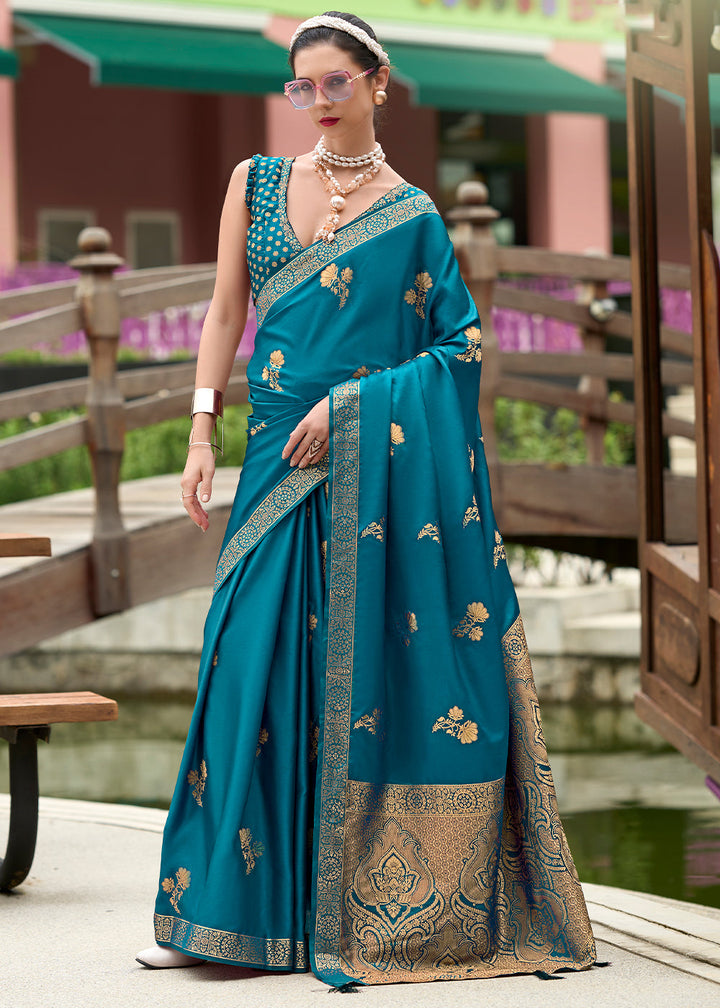 Cerulean Blue Zari Woven Satin Silk Saree