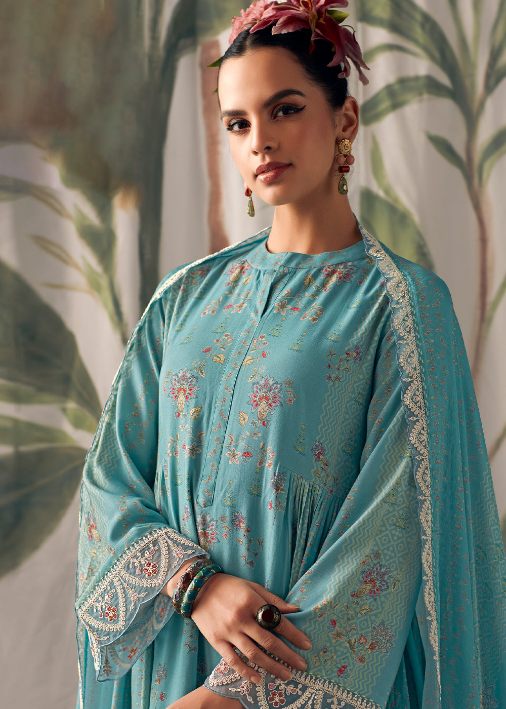 Koi Blue Digital Printed Muslin Salwar Suit with Light Embroidery work