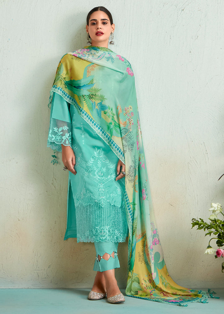 Light Cyan Blue Muslin Salwar Suit with Embroidery work