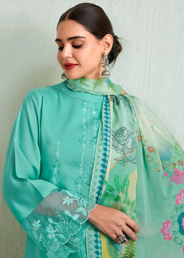 Light Cyan Blue Muslin Salwar Suit with Embroidery work