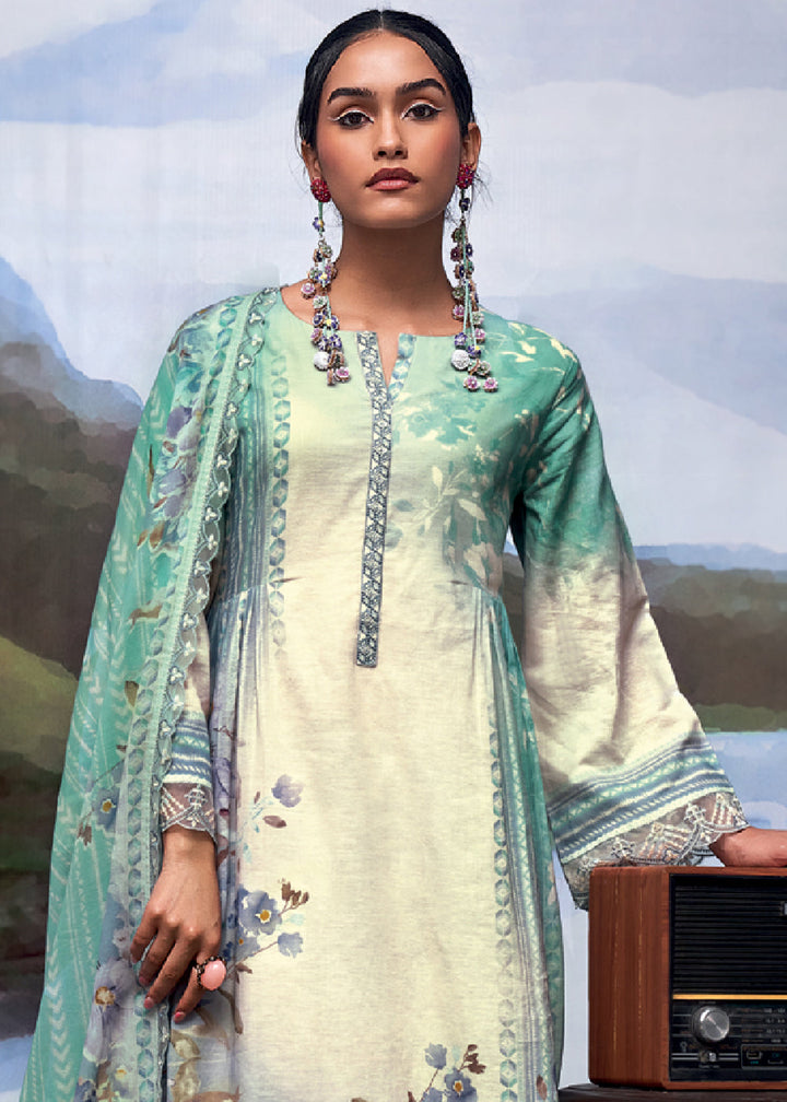 Shades Of Green Digital Printed Linen Suit & Embroidery work