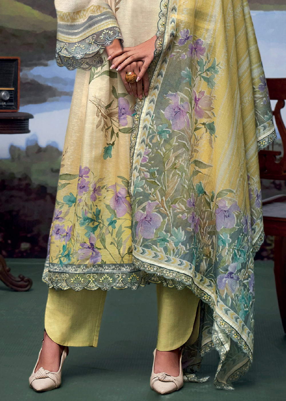 Shades Of Yellow Digital Printed Linen Suit & Embroidery work