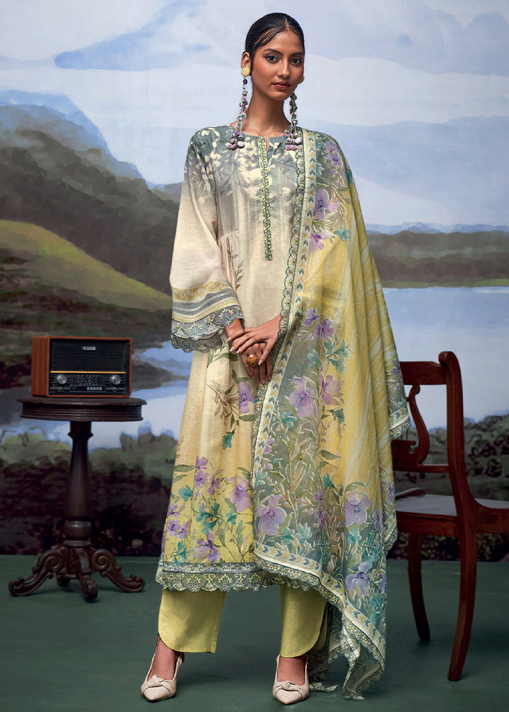 Shades Of Yellow Digital Printed Linen Suit & Embroidery work