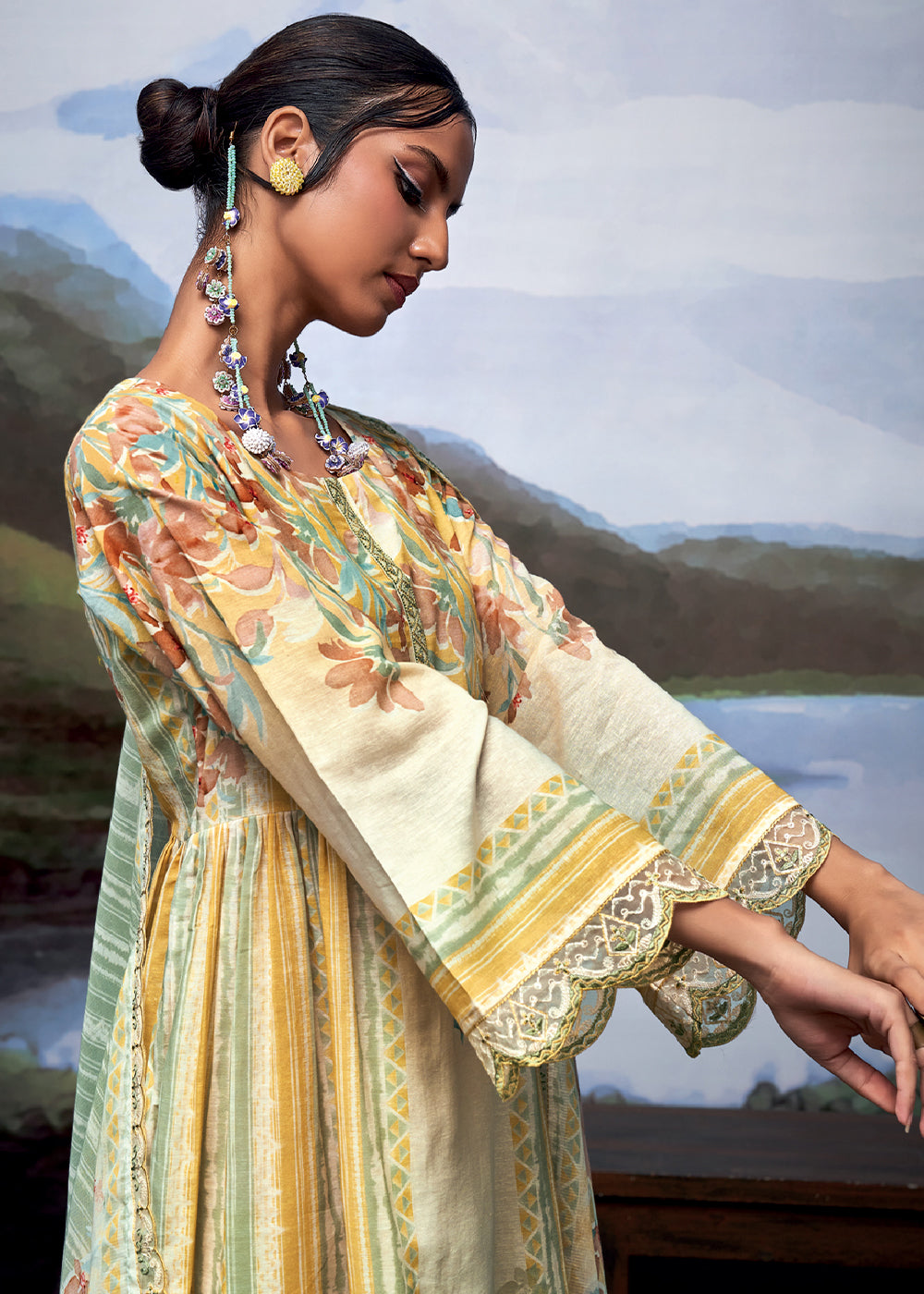 Multi Colored Digital Printed Linen Suit & Embroidery work