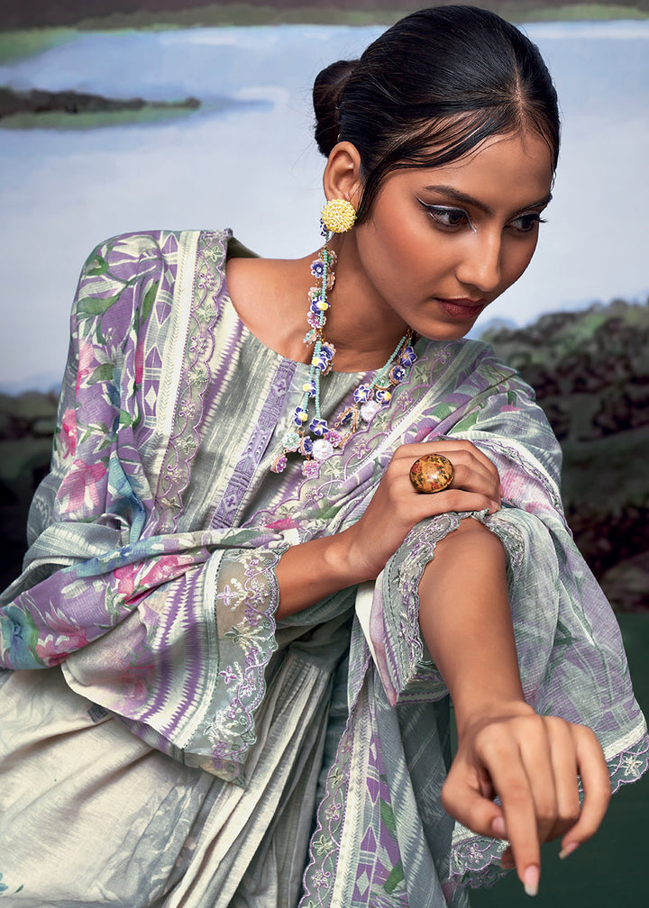 Shades Of Purple Digital Printed Linen Suit & Embroidery work