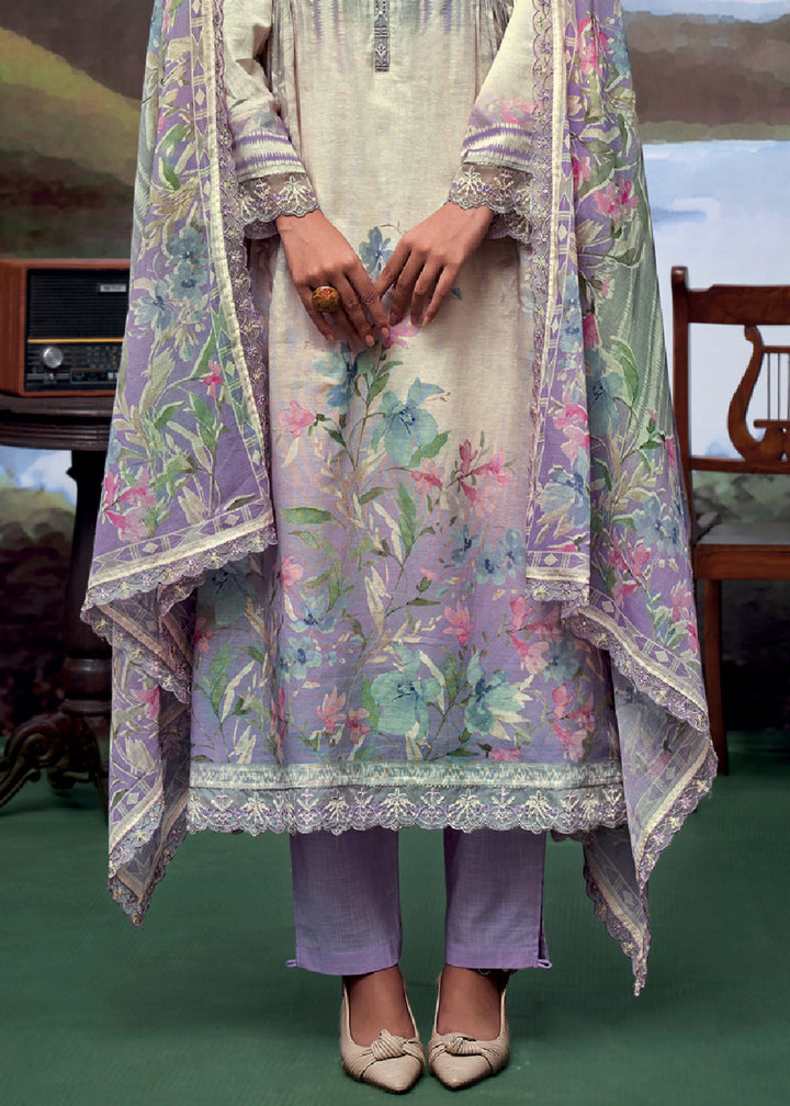 Shades Of Purple Digital Printed Linen Suit & Embroidery work