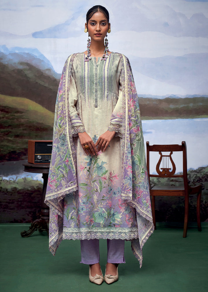 Shades Of Purple Digital Printed Linen Suit & Embroidery work