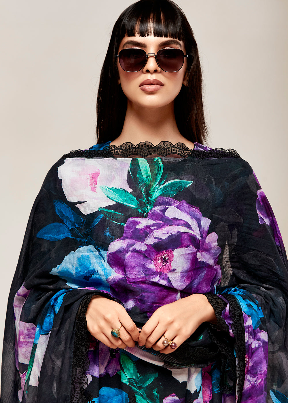 Pitch Black Floral Digital Printed Linen Suit & Dori Embroidery work