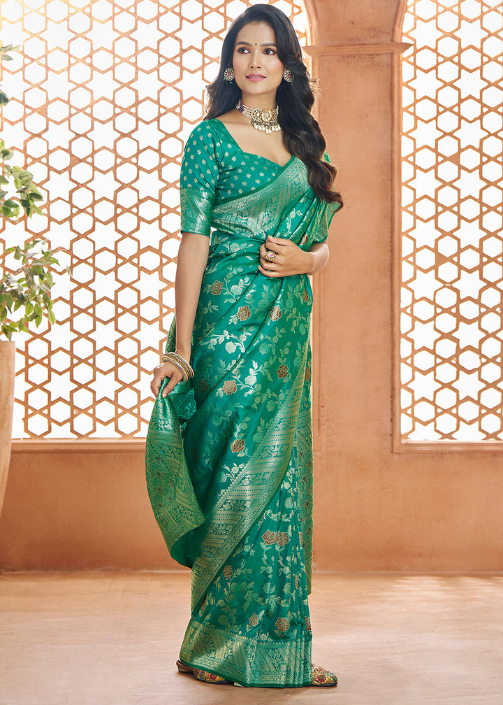 Jade Green Floral Zari Woven Banarasi Silk Saree