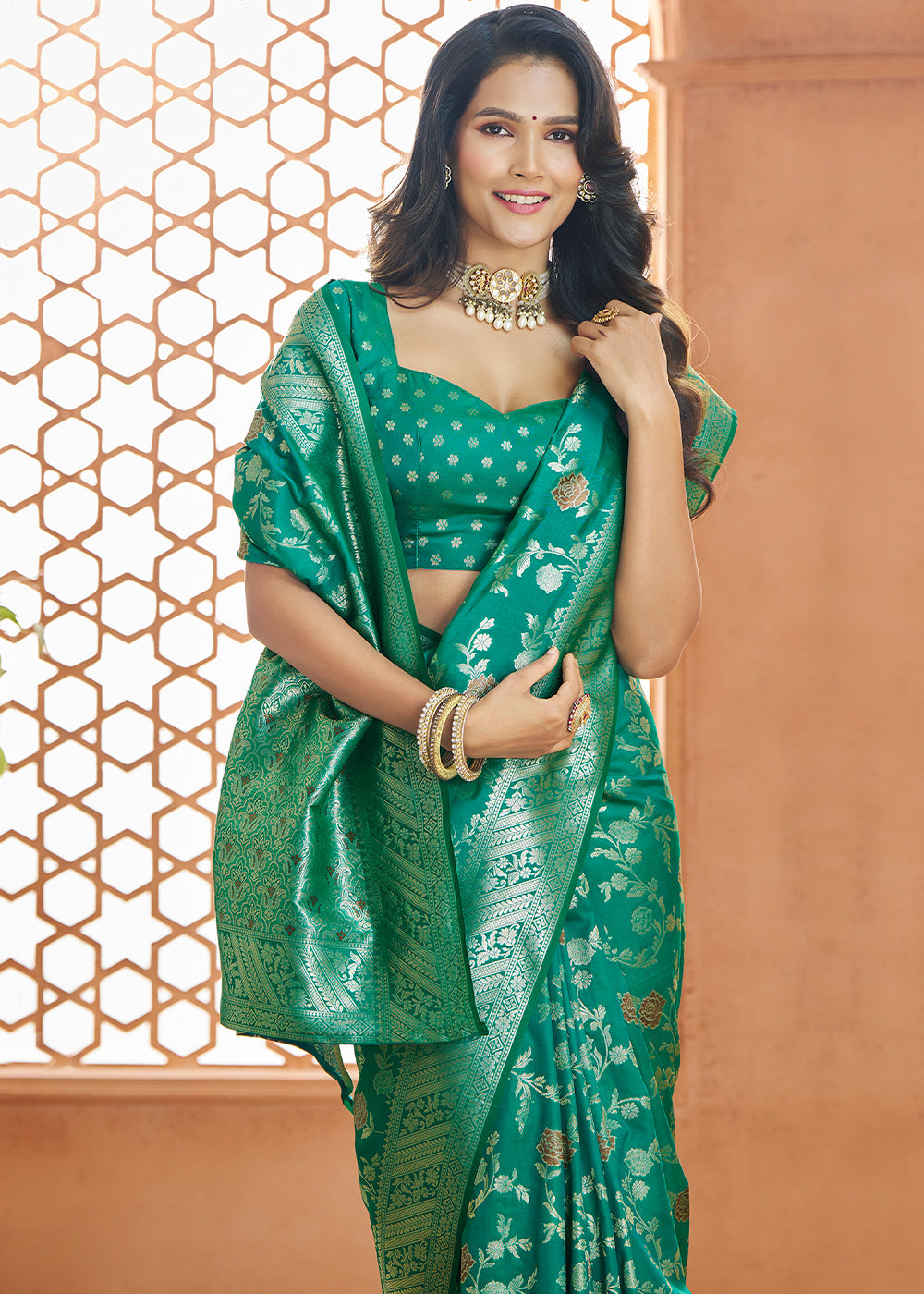 Jade Green Floral Zari Woven Banarasi Silk Saree